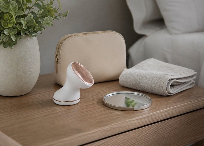 A curved personal wellness device with a stable base and discreet storage pouch on a dresser.