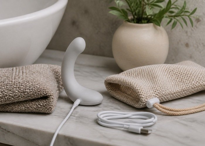 A cleaned curved personal wellness device beside a towel, cable, and pouch on a bathroom shelf.