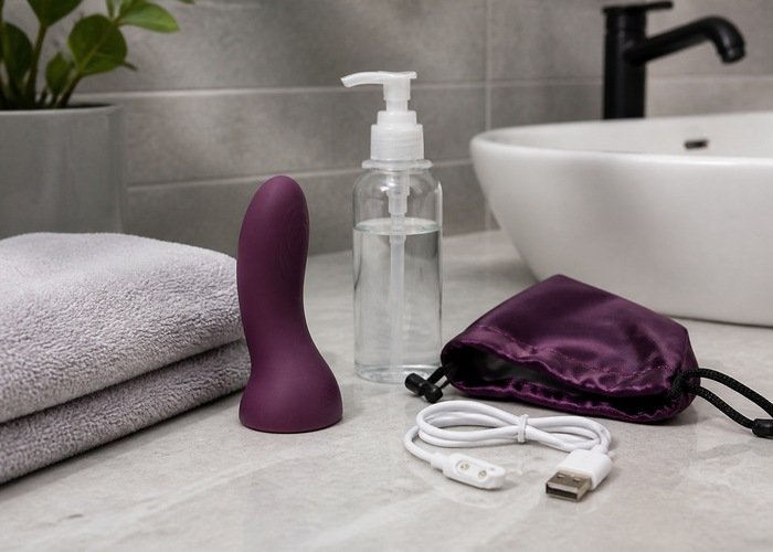 A curved personal wellness device with a stable base, towel, pouch, and cable on a bathroom vanity.