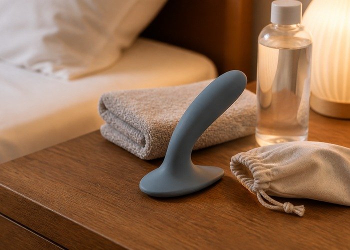 A cleaned prostate massager, lubricant, towel, and pouch arranged to show a calm reset after a beginner setup session.