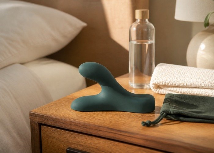 A realistic anal-toy setup with a prostate massager, lubricant, folded towel, and storage pouch arranged on a bathroom counter.
