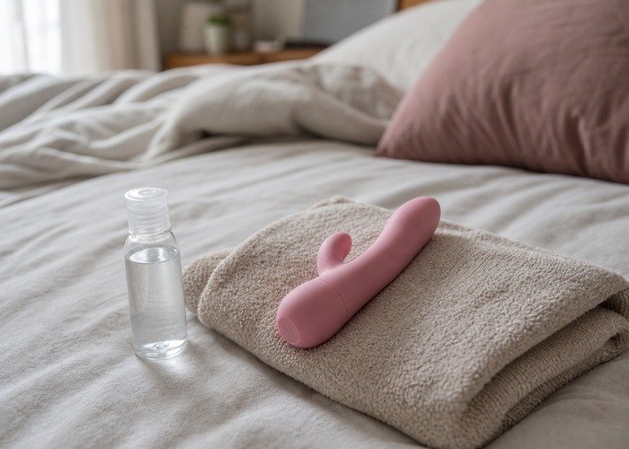 A close flat-lay with a compact vibrator, folded towel, and lubricant arranged to compare grip, pressure, and low-noise expectations.