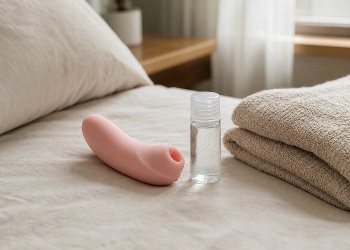 A realistic compact vibrator, lubricant, and folded towel arranged on bedding for a quiet vibrator buying guide.