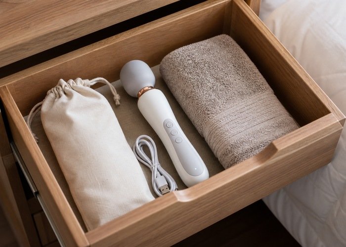 A personal wellness device, pouch, cable, and towel arranged in a bedside drawer.