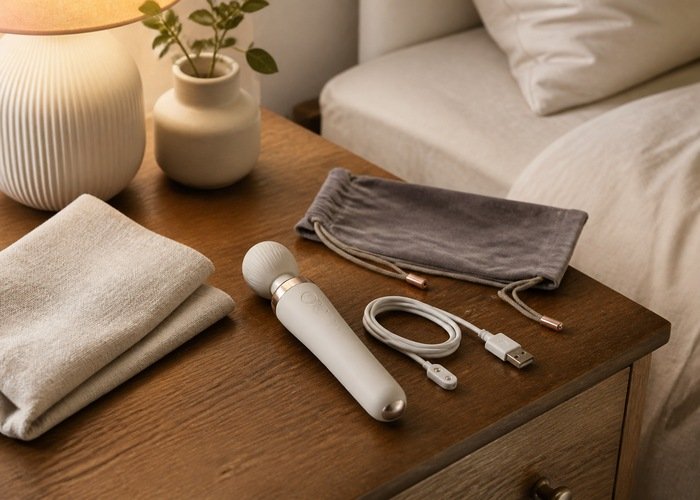 A rechargeable personal wellness device with cable and pouch on a bedside table.