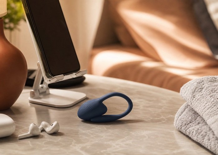 A compact wearable vibrator beside earbuds, a phone stand, and a folded towel to compare quiet modes and app timing.