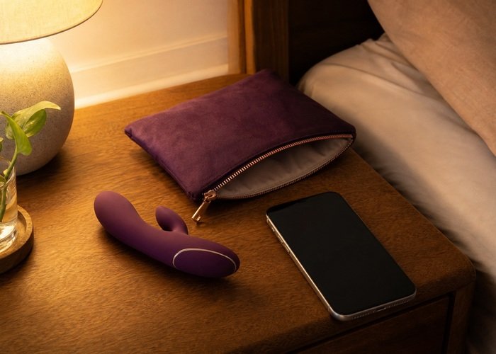 A clean wearable vibrator, phone, and zip pouch arranged to show a calm reset after a remote session.