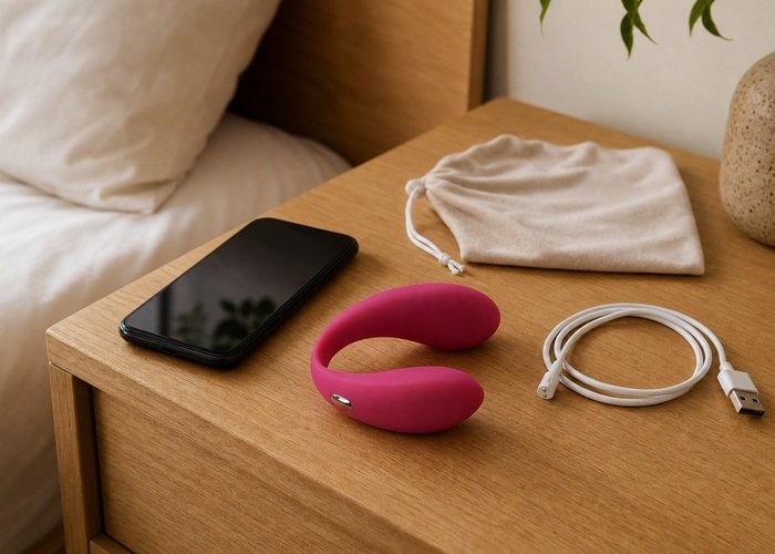 A realistic wearable vibrator, phone, charging cable, and soft pouch arranged on a bedside table for a distance-play guide.