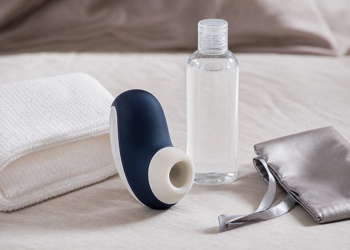 A tidy bed edge with pillows, towel, lubricant, and a compact toy arranged to show a calm reset after trying new positions.