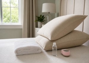 A realistic bed setup with pillows, lubricant, folded towel, and a compact toy arranged for a couples position reset guide.