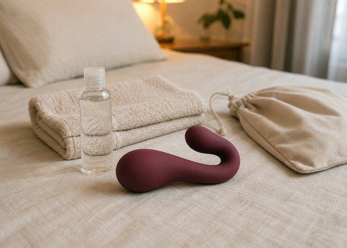 A realistic silicone dildo, water-based lubricant, towel, and storage pouch arranged on bedding for a finish and glide guide.