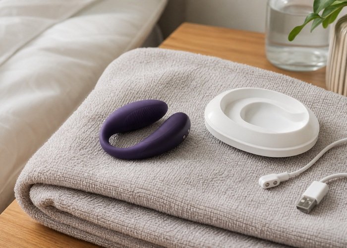 A compact vibrator on a folded towel with its charger unplugged and dust-free storage tray beside it.