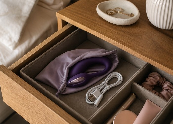 A fully charged vibrator stored in a clean pouch with cable wrap, towel, and bedside drawer organizer.