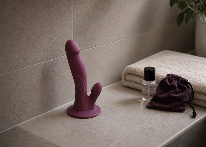 A close setup with a suction-cup dildo, towel, and lubricant arranged beside a chair and smooth surface samples to compare grip and stability.