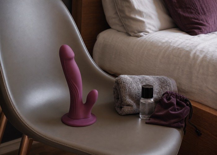 A realistic suction-cup dildo, lubricant, folded towel, and storage pouch arranged on a bed for a surface stability guide.