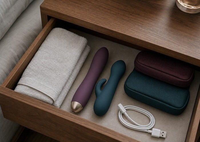 Two compact adult wellness products, towels, cases, and a charging cable arranged in a bedside drawer for shared storage.