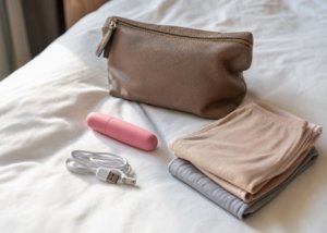 A realistic travel setup with a compact vibrator, charger, carry pouch, and folded underwear arranged on a bedside table.