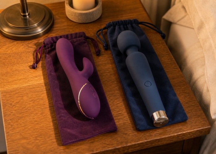 A simple wand-style and a dual-function adult wellness vibrator in individual pouches beside a charging cable.
