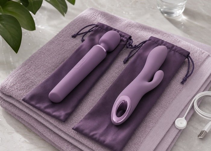 A compact dual-function and a simple adult wellness vibrator in separate storage pouches on a clean towel.