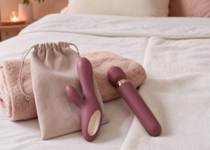 A dual-function and a simple wand-style adult wellness vibrator arranged side by side with a towel and storage pouch.