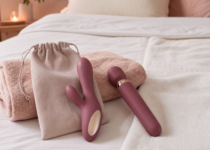 A dual-function and a simple wand-style adult wellness vibrator arranged side by side with a towel and storage pouch.