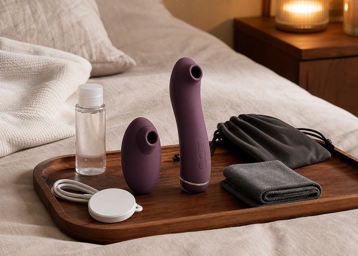 A close flat-lay with a vibrating dildo, cable, and towel arranged to compare button placement and battery access.