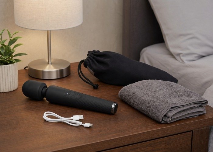 A cleaned vibrating dildo, pouch, towel, and cable arranged to connect control layout with repeat comfort and storage.