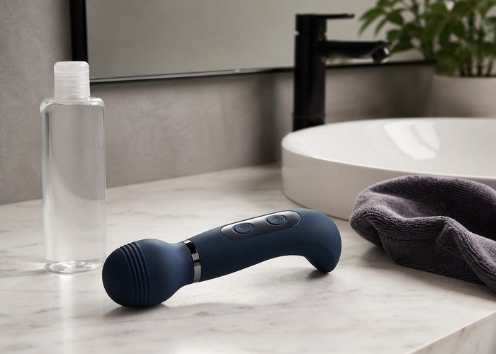 A realistic vibrating dildo, lubricant, folded towel, and charging cable arranged on bedding for a control guide.