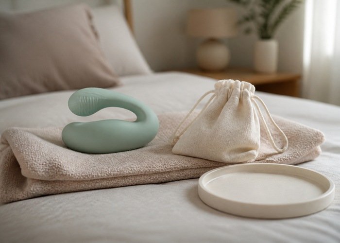 Two compact personal wellness devices beside separate pouches on a wooden bedside table.