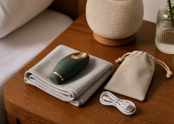 A compact personal wellness device on a towel with a pouch and cable on a bedside table.
