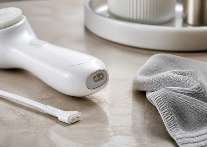 A close product-care view of charging contacts, a cable, and a dry cloth on a vanity.