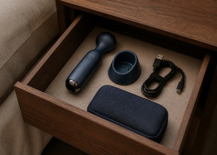 A personal wellness device, charging dock, cable, and pouch stored in a bedside drawer.