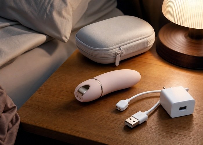A rechargeable personal wellness device with cable, adapter, and travel case on a bedside table.