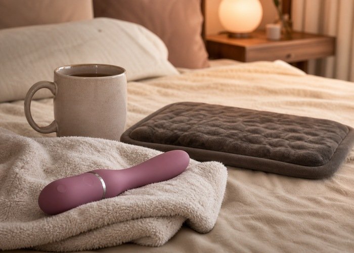 A compact adult wellness vibrator on a towel beside a warm mug and a plain warming pad in a bedroom.