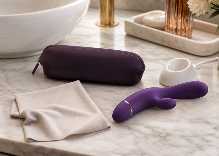 A cleaned adult wellness vibrator beside a charging dock, pouch, and lint-free cloth on a bathroom vanity.