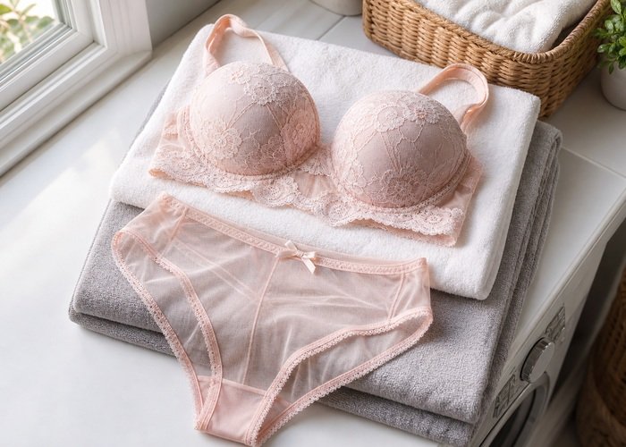 A clean lace bra and mesh lingerie set drying flat on towels with straps smoothed and cups protected.