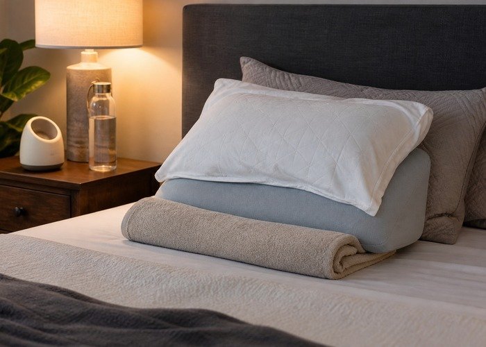 A close bed setup with pillows, lubricant, and a compact toy arranged to explain steadier alternatives to the waterfall position.