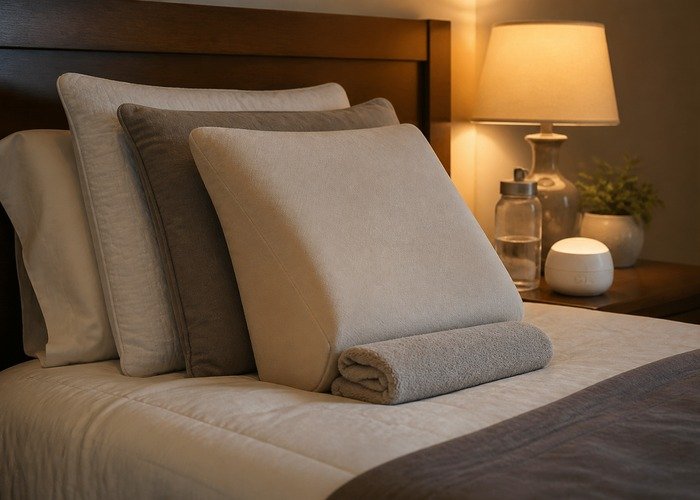 A tidy bed edge with pillows, towel, and a compact toy arranged to show a calmer reset after trying waterfall-position alternatives.