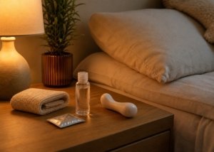 A realistic couples-position setup with pillows, lubricant, folded towels, and a compact toy arranged on a bed for a waterfall-alternatives guide.