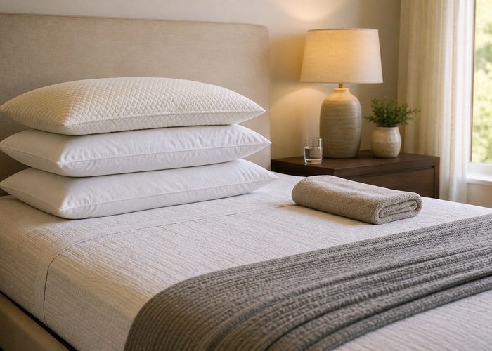 A supportive pillow stack and bedside setup arranged to explain neck support, surface height, and easy exit planning.