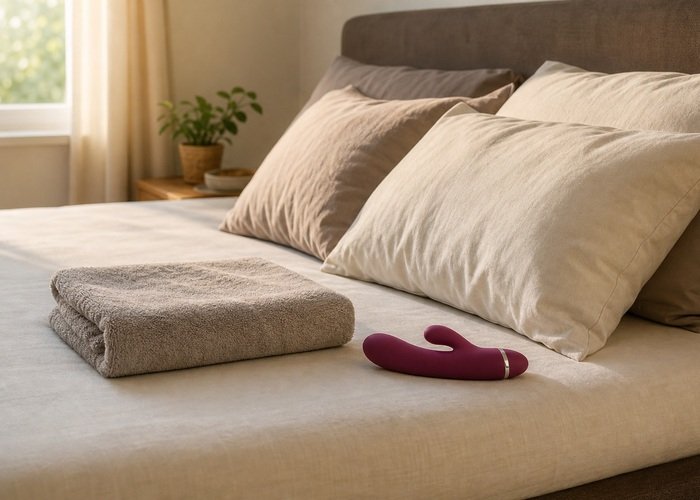 A stable bed edge, pillows, towel, and couples toy arranged to show how partners can reset or switch positions safely.