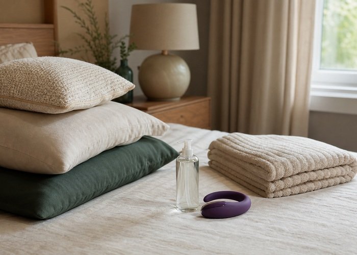 A realistic bedroom setup with stacked pillows, folded towel, lubricant, and a stable bed edge prepared for a couples position guide.