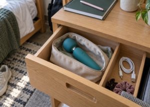 Teal rounded wand massager in an open pouch inside a desk drawer with its disconnected cable separate