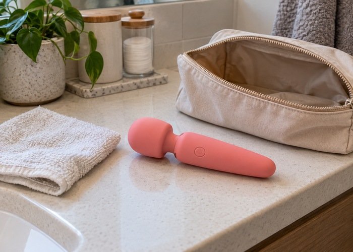 Coral rounded wand massager on a dry bathroom counter beside a clean cloth and open toiletry bag