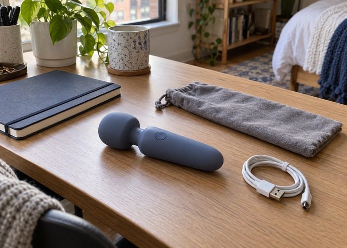 Blue rounded wand massager with a separate coiled cable and storage pouch on a tidy wooden desk