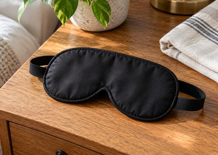Black padded fabric eye mask with its elastic strap on a wooden bedside table beside a cotton cloth