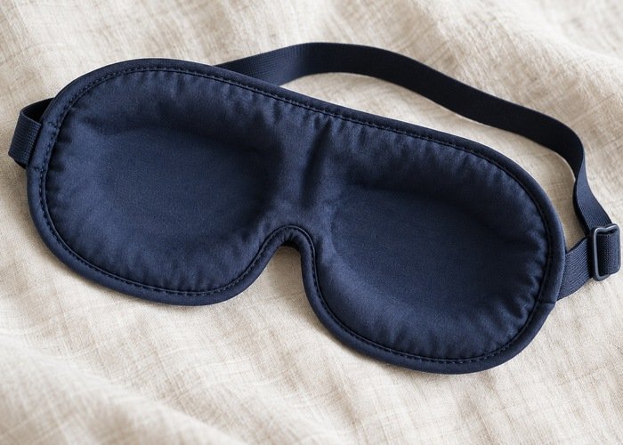 Soft navy eye mask with its inner lining and adjustable elastic strap visible on pale linen