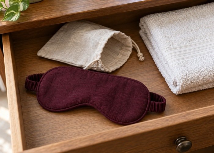 Burgundy fabric eye mask beside an open cotton pouch and clean towel in a wooden drawer