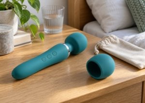 Teal wand massager with a separate hollow silicone cover and cotton pouch on a bedside table