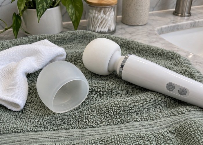 White wand massager with a removed silicone head cover and cleaning cloth on a towel